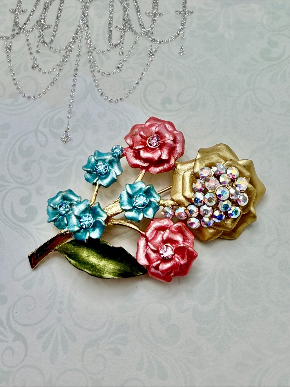 Vintage Enamel Floral Crystal Brooch - #cz713